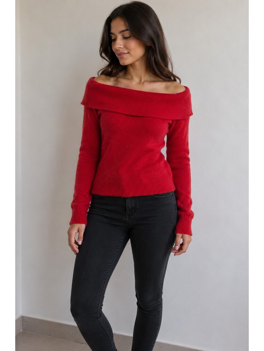 Outlander Red Angora & Lambswool Off-Shoulder Sweater — Size S